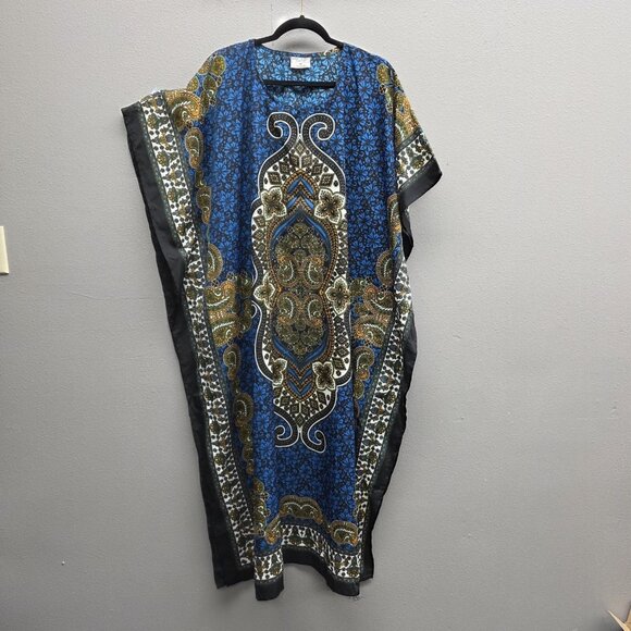 Gold Coast Kaftan Dress Womens One Size Blue Paisley Boho Tunic Kimono Cover Up - Picture 1 of 11